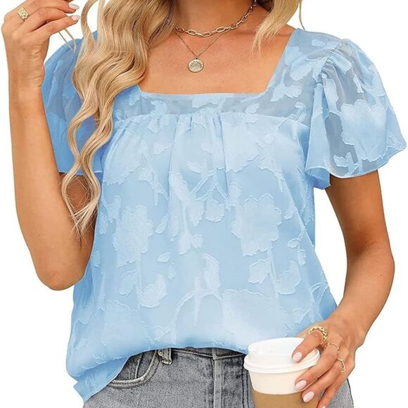 Baby Blue Floral Flutter Sleeve Square Neck Blouse Top - Picture 1 of 10